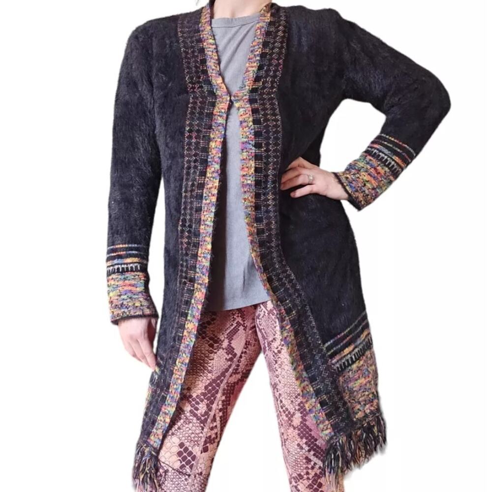 Janice Boho Artsy Fringe Long Sweater‎ Duster Women One Size Black Furry Cozy